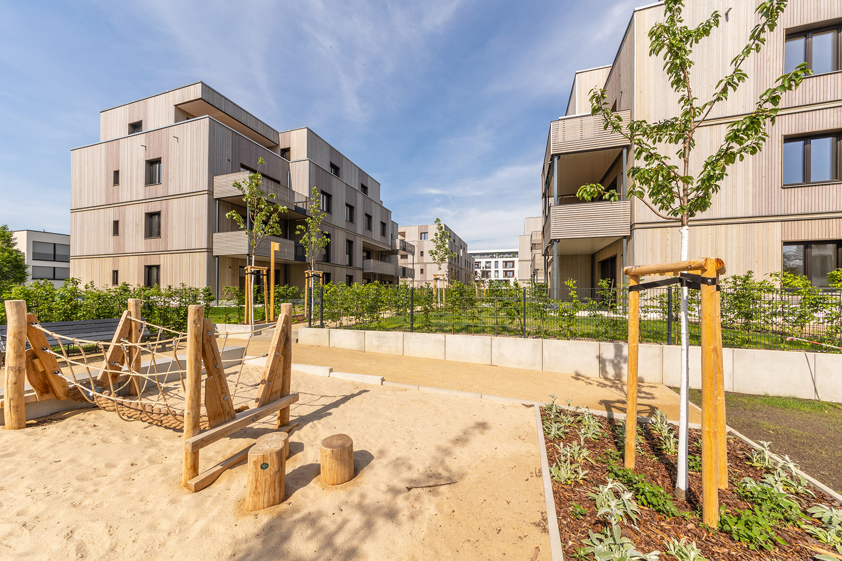 Holzbauprojekt BUWOG Lotsenhäuser im Berliner Quartier 52 Grad Nord mit Blick auf den Spielplatz