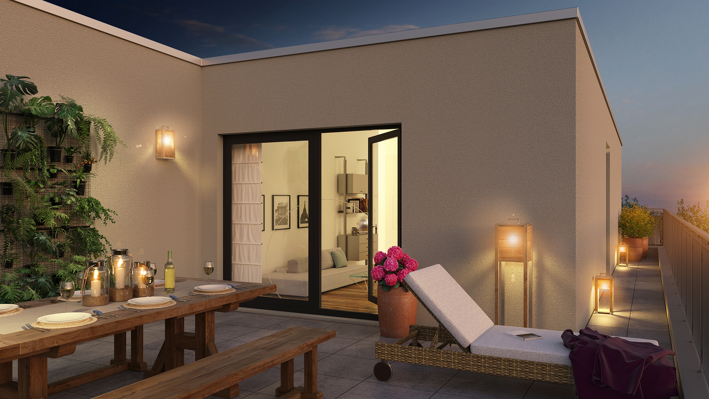 Visualisierung des Neubauprojekts Das Grüngold in Bad Nauheim mit Blick auf eine Dachterrasse