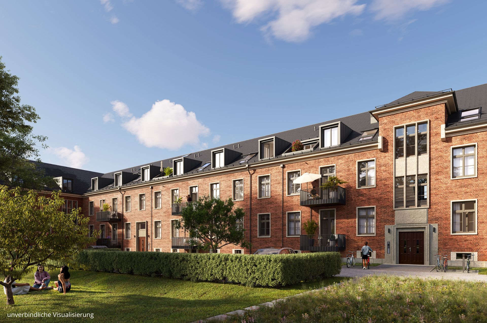 Zu sehen ist ein Innenhof mit Menschen, Begrünung und Wiese. Im Hintergrund ist ein braunes Gebäude des Projekts BUWOG ALVA.