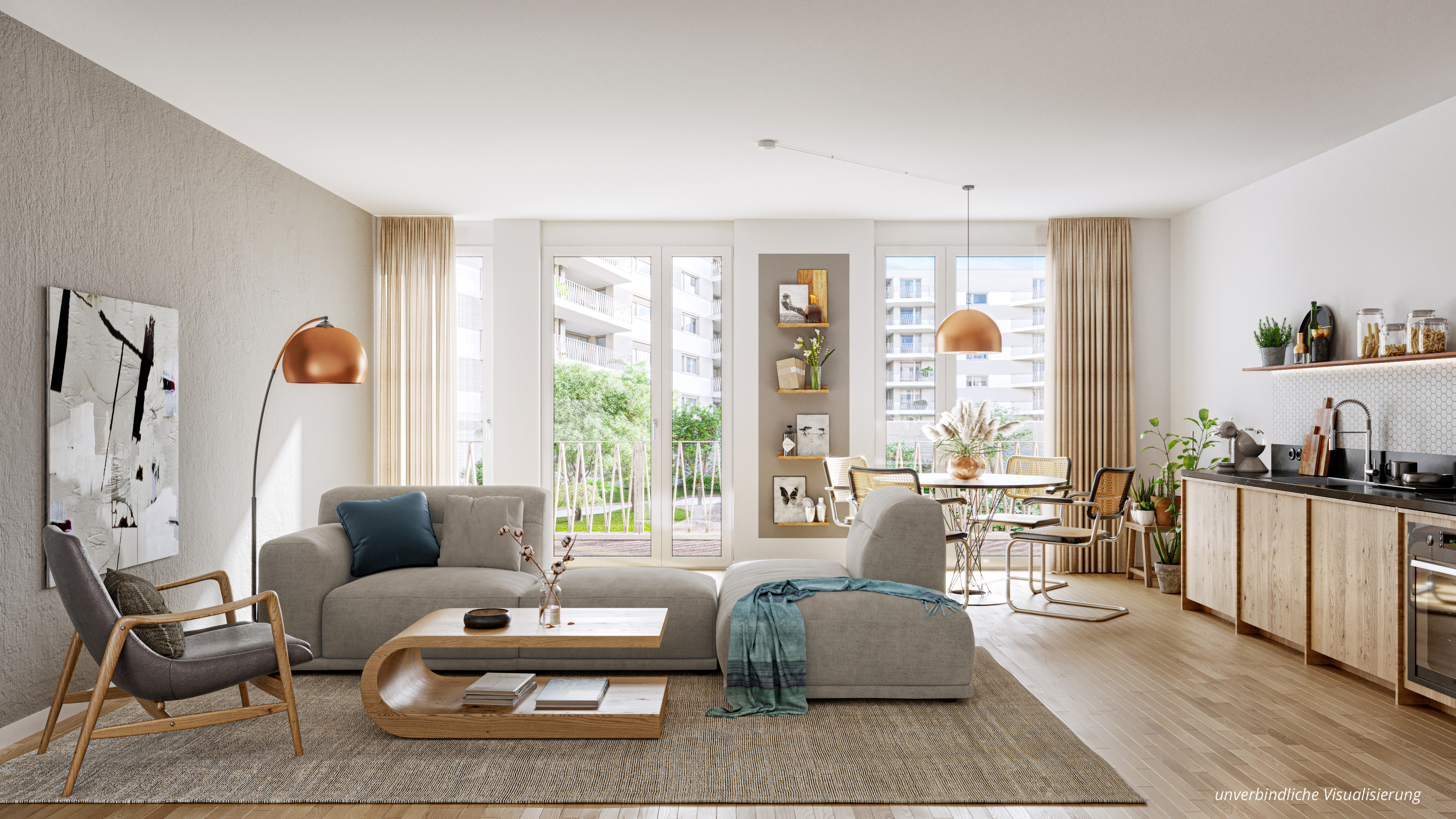 Visualisierung einer Wohnung im BUWOG Neubauprojekt Atrio in Leipzig von Wohnzimmer mit Balkon und Küchenzeile