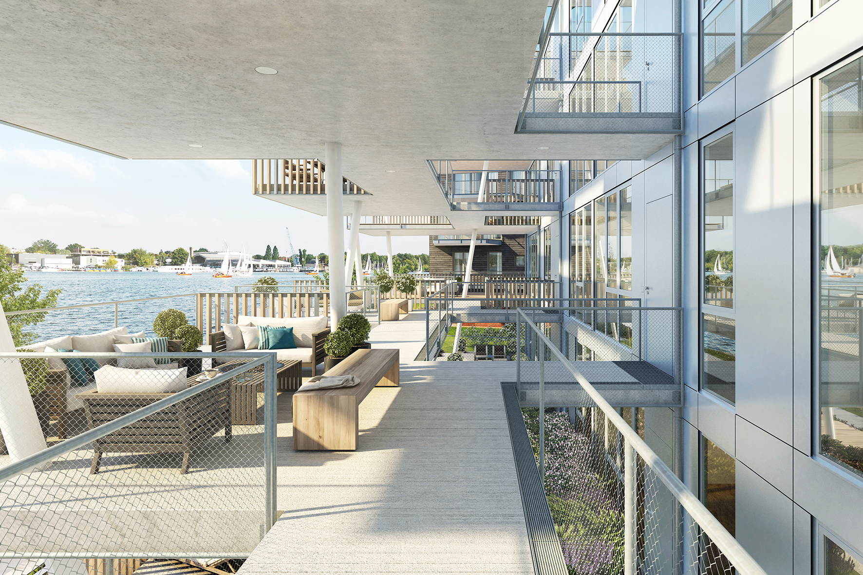 Mit Blick auf die schwebenden Stege zur Wasserseite des BUWOG the View, welches zum Berliner BUWOG Quartier 52° Nord gehört