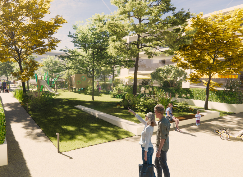 Zu sehen in der Visualisierung ist das Quartier MÜHLBACHVIERTEL mit Blick in den Hof bzw. Garten mit Grünflächen, Sitzbänken, einem Spielplatz und rechts einem Gebäude des Quartiers.