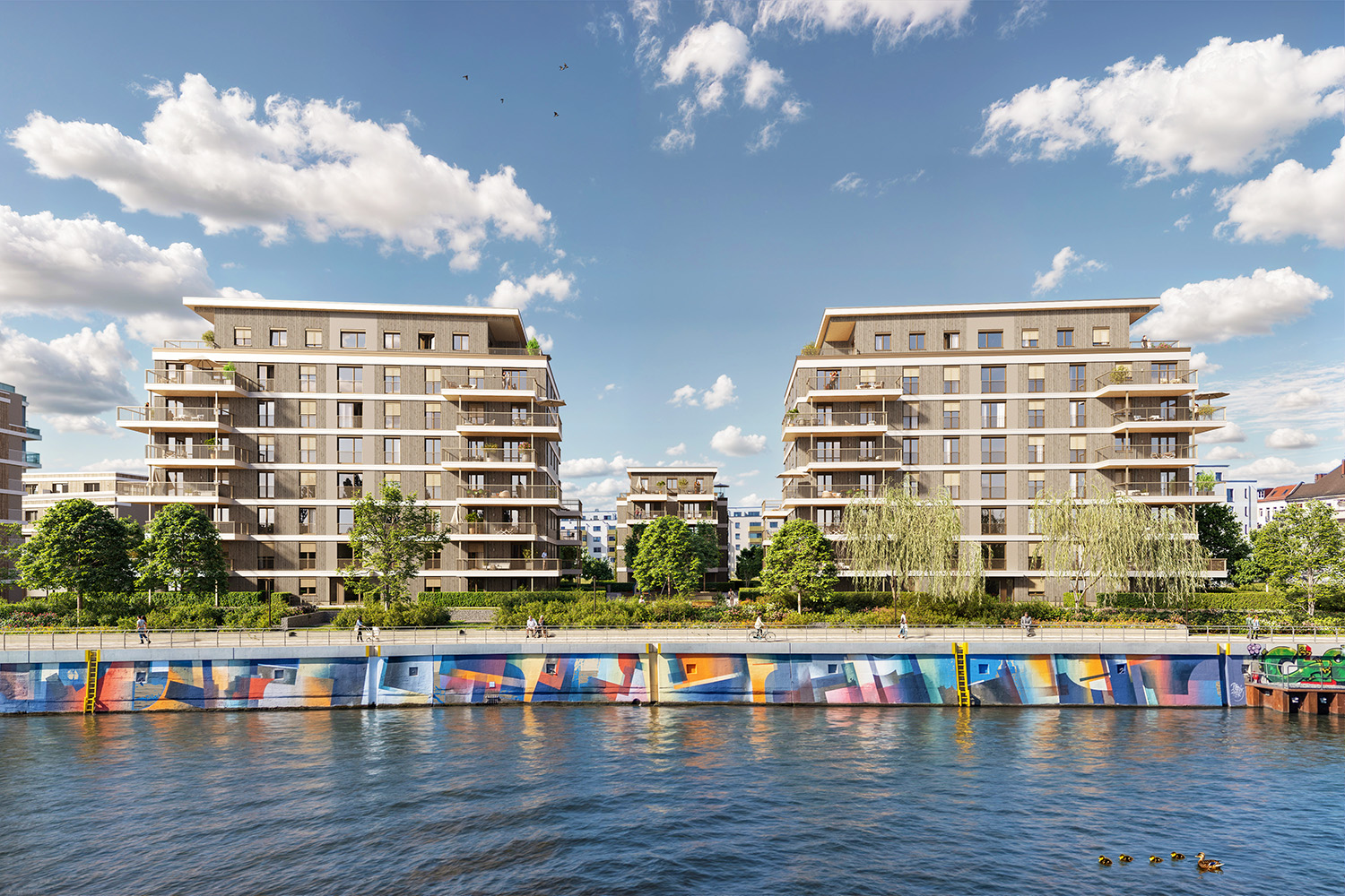 Visualisierung des Neubauprojekts BUWOG Spreewinkel mit Blick von der Spree