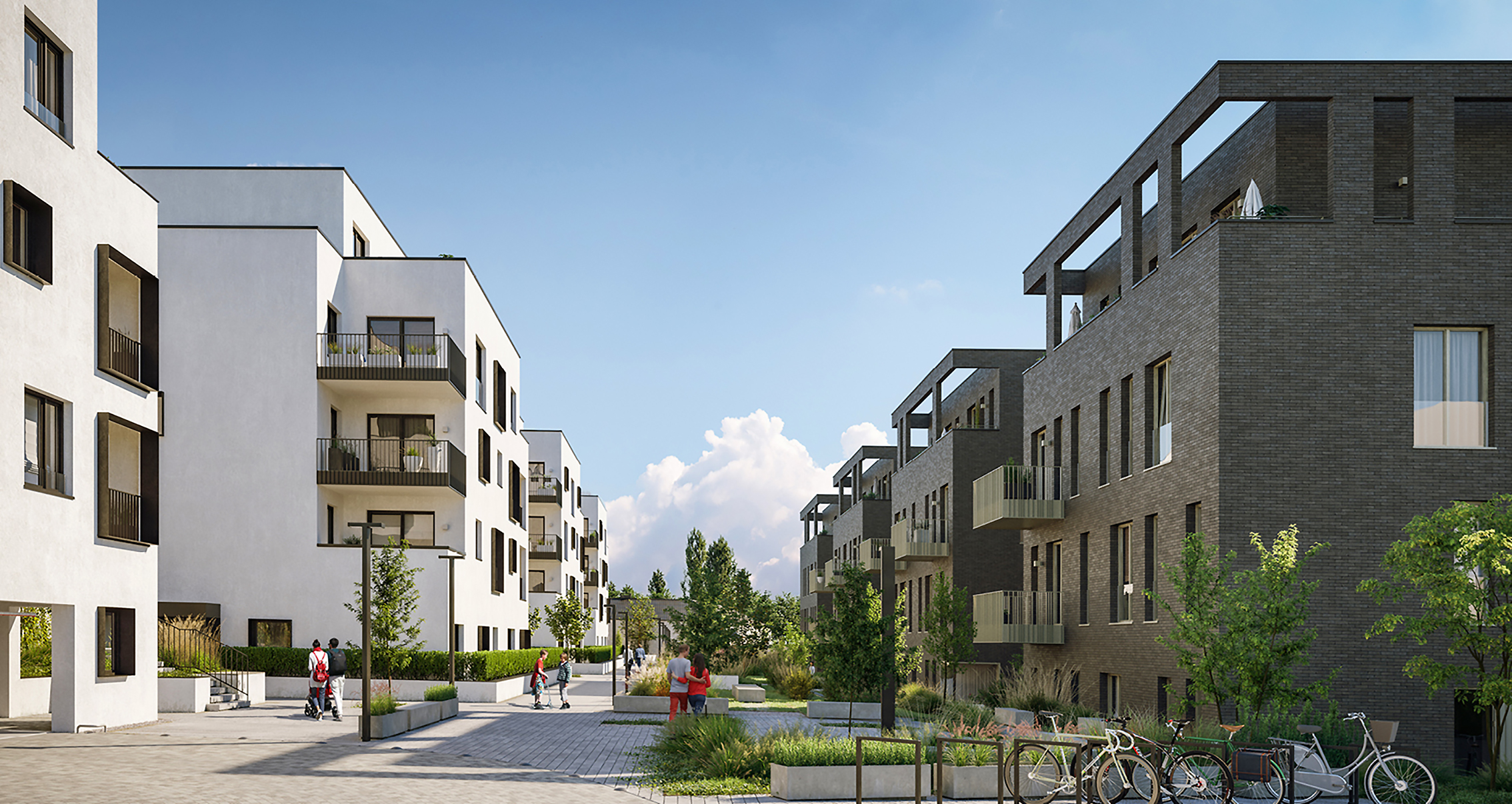 Zu sehen in der Visualisierung ist ein Teil der Gebäude des Quartiers ZUCKERLE-QUARTIER mit Begrünungen, Personen und Fahrradständern.