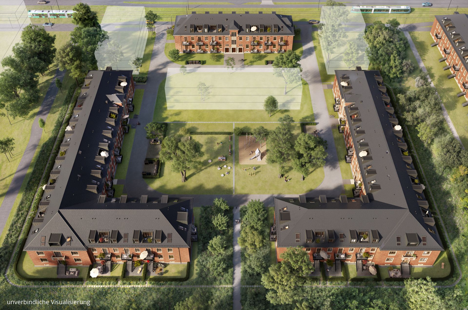 Zu sehen ist das Projekt BUWOG ALVA aus der Luft mit allen Gebäuden, Grünflächen und Straßen.