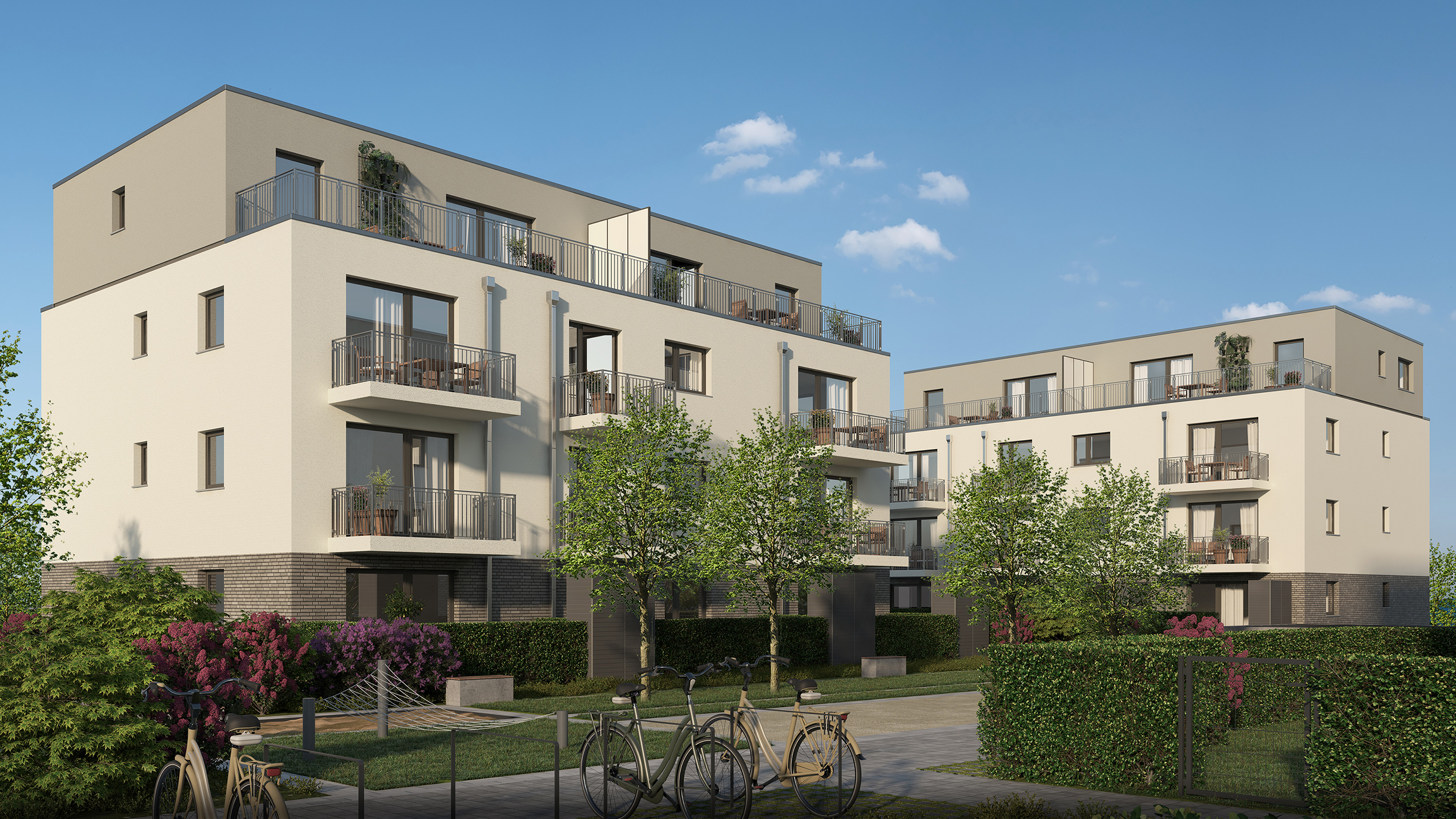 Visualisierung des Neubauprojekts Das Grüngold in Bad Nauheim mit Blick auf zwei Häuser