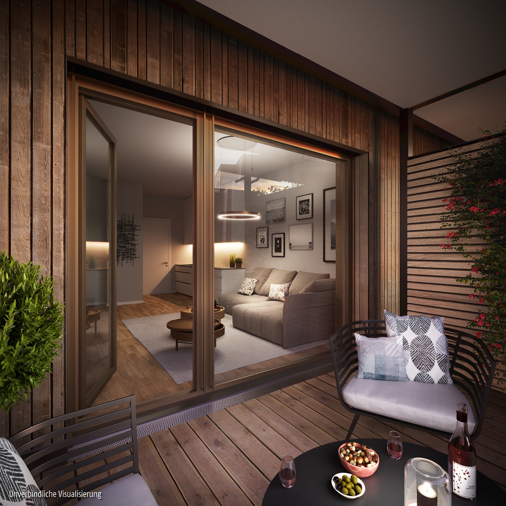 Visualisierung des Neubauprojekts BUWOG DECK3 mit Blick vom Balkon in das Wohnzimmer bei Abendstimmung