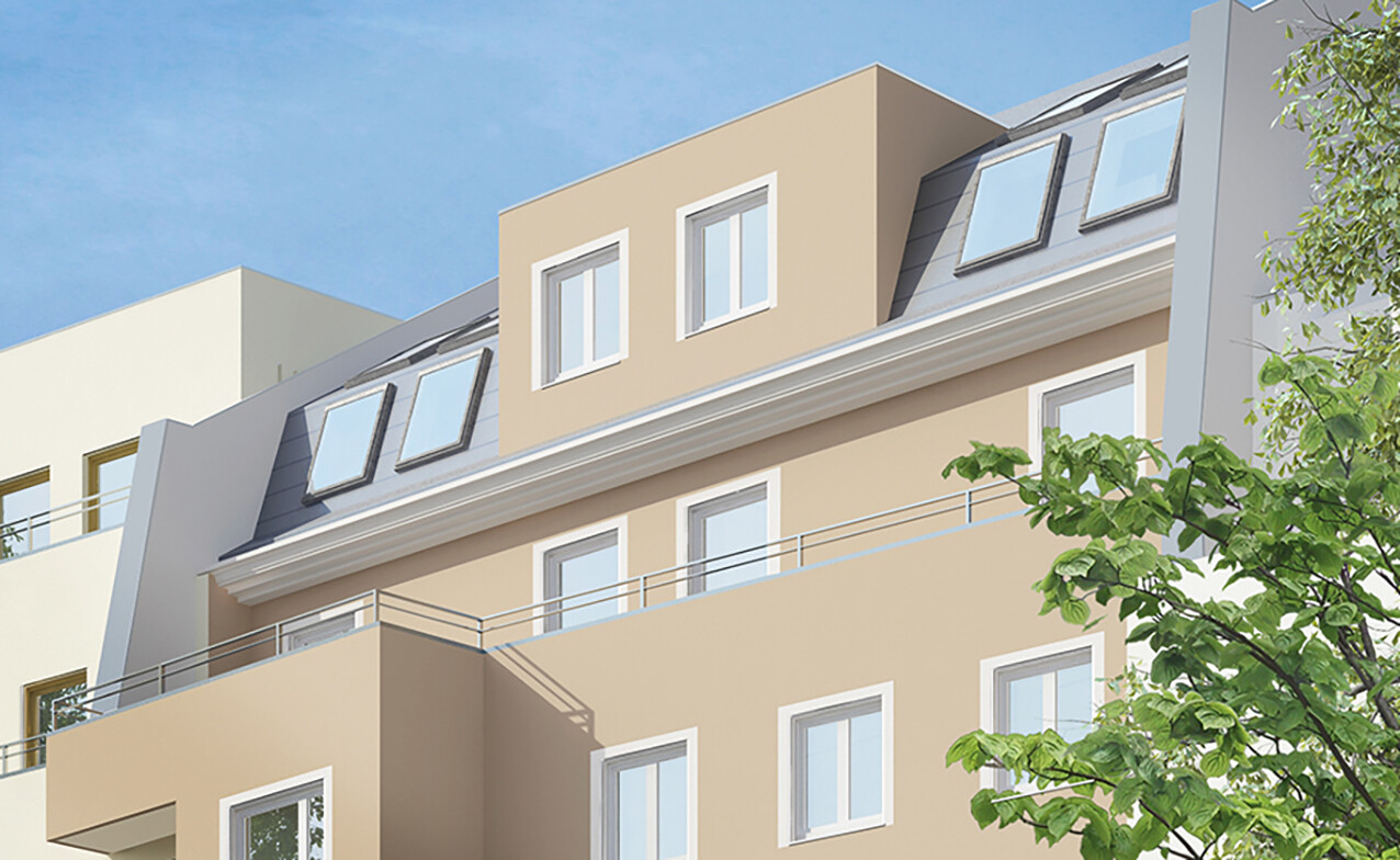 Mit Blick aus der Naehe auf das Haus mit einem blauen Dach des BUWOG Neubauprojekts Eastfive im Rhein-Main-Gebiet