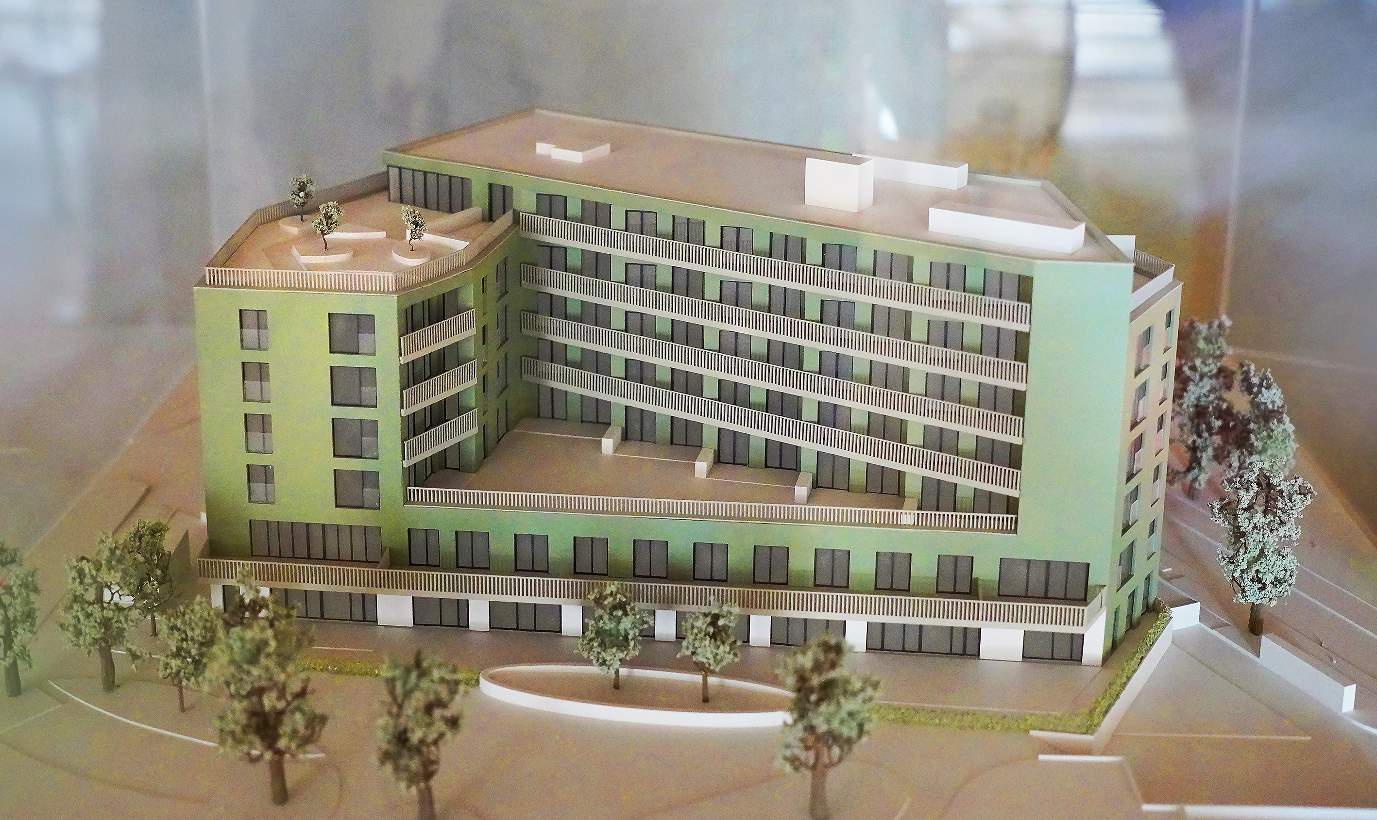 BUWOG Richtfest Seniorenwohnen Spandau 2023 Modell: Modell des Gebäudes nach Entwürfen von Feddersen Architekten. Foto: BUWOG