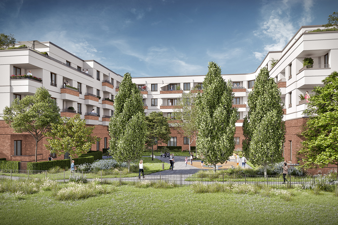 Visualisierung des BUWOG-Neubauprojekts in Elstal mit Blick in den begrünten Innenhof