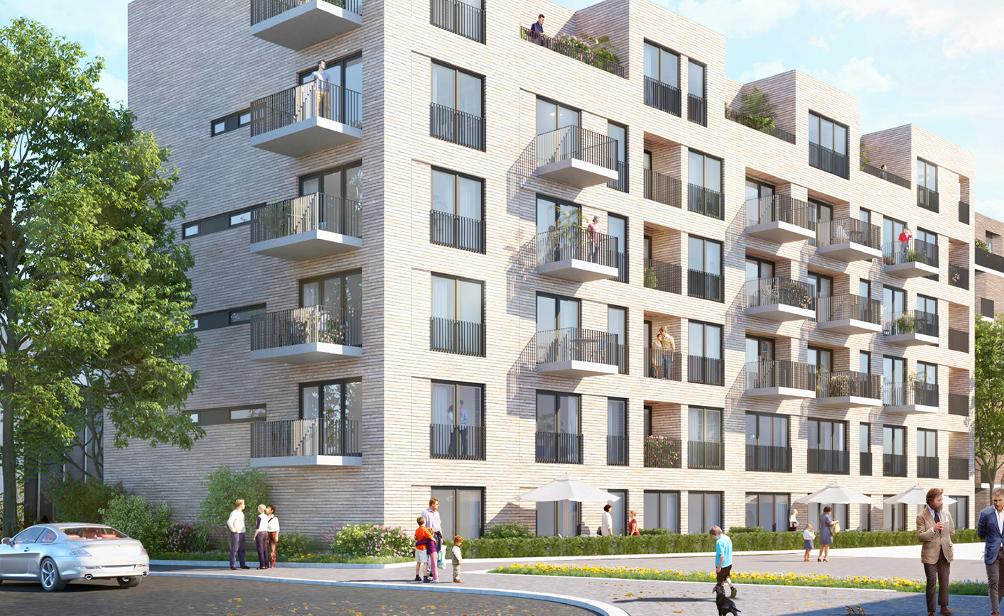 Zu sehen ist eine Visualisierung eines weißes Gebäudes des Quartiers Rosenstein Mitte mit Blick aus der Nähe von der Straße aus auf Parkplätze, Personen und Grünflächen, sowie auf Balkone und die Fassade des Hauses.