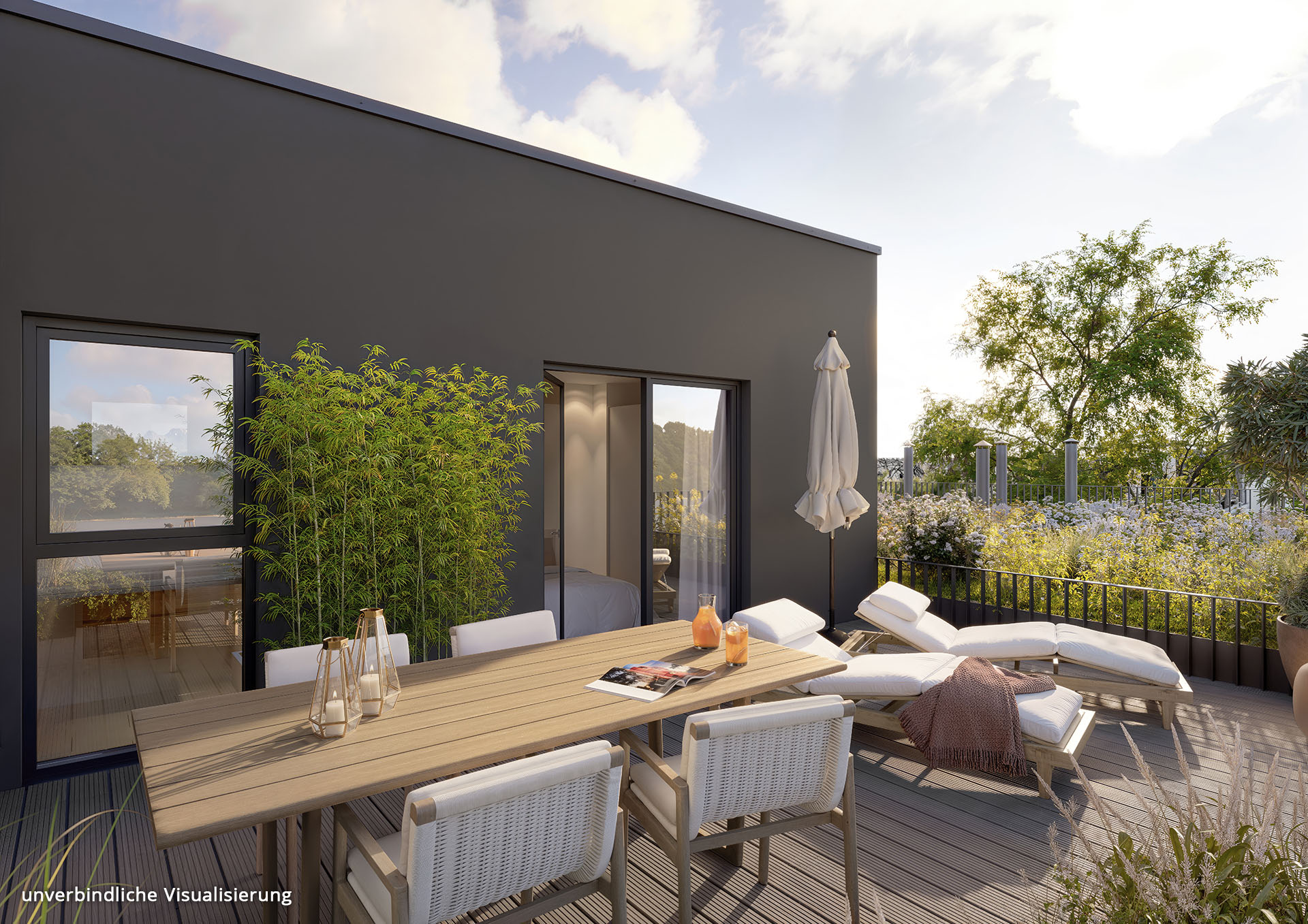 Visualisierung des BUWOG-Neubauprojekts Set44 in Berlin mit Blick auf eine private Terrasse