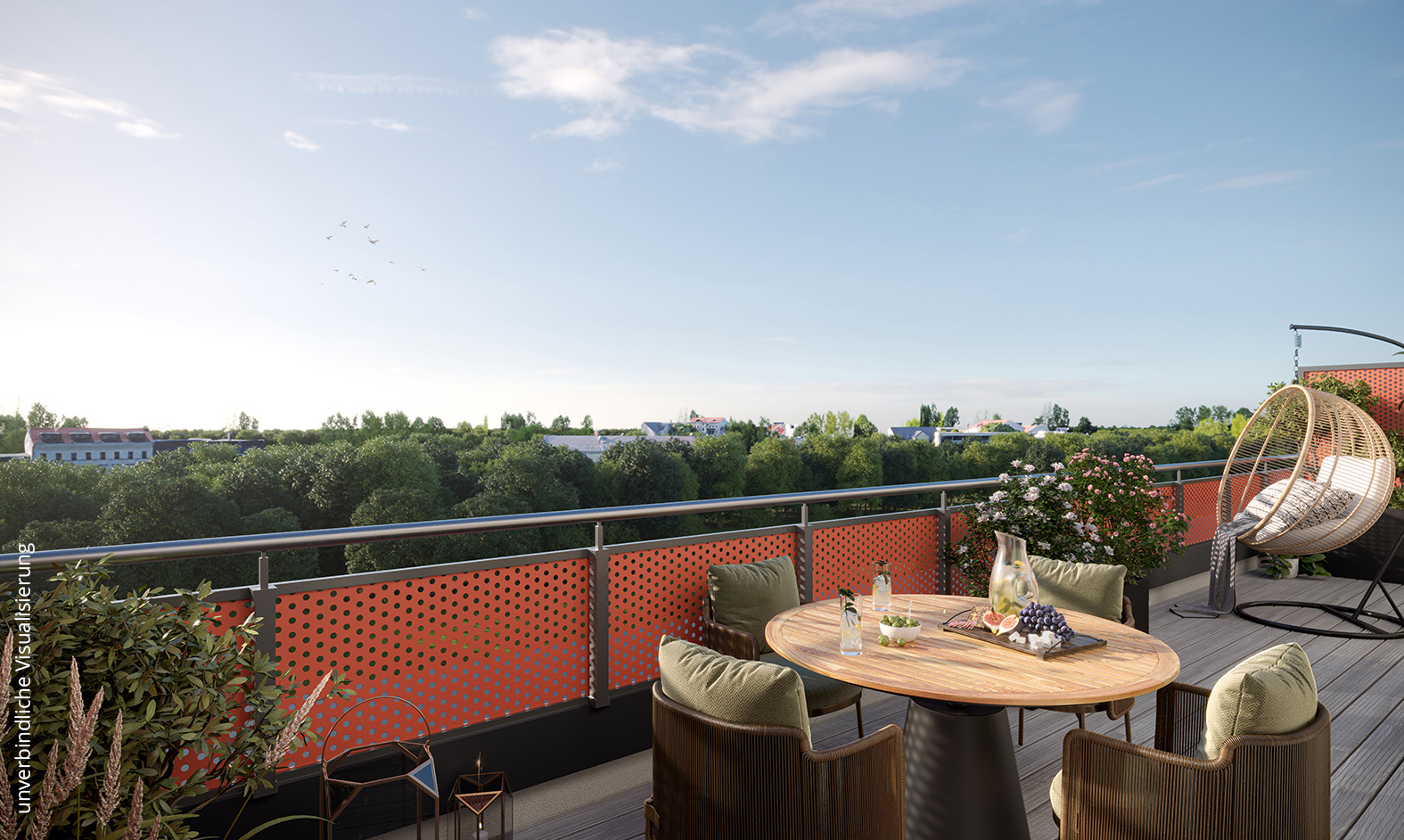 Visualisierung des BUWOG Neubauprojekts Am neuen Park in Leipzig mit Blick von einer privaten Terrasse