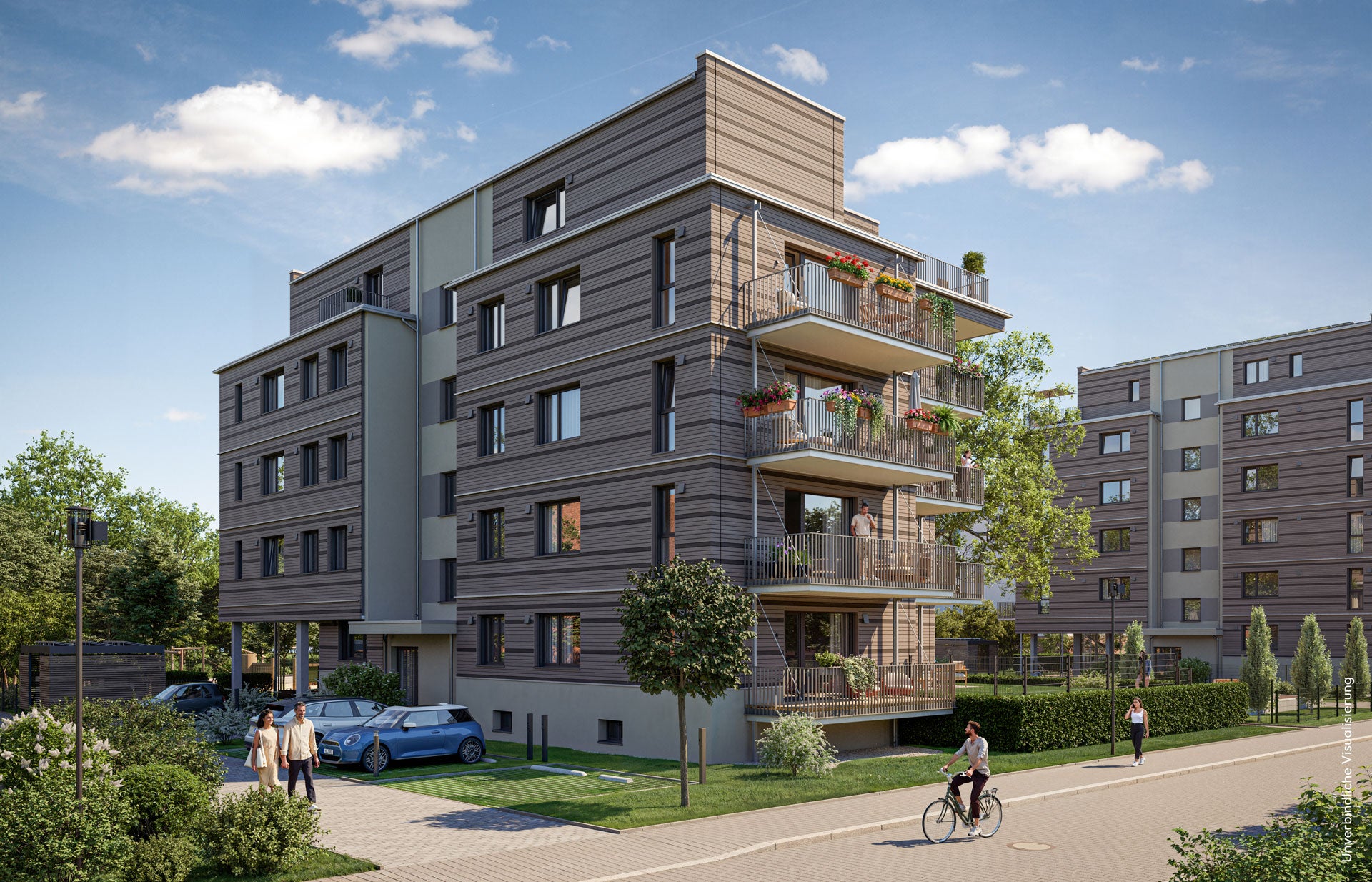 Visualisierung des Neubauprojekts BUWOG ARBOR in Berlin-Köpenick mit Straße