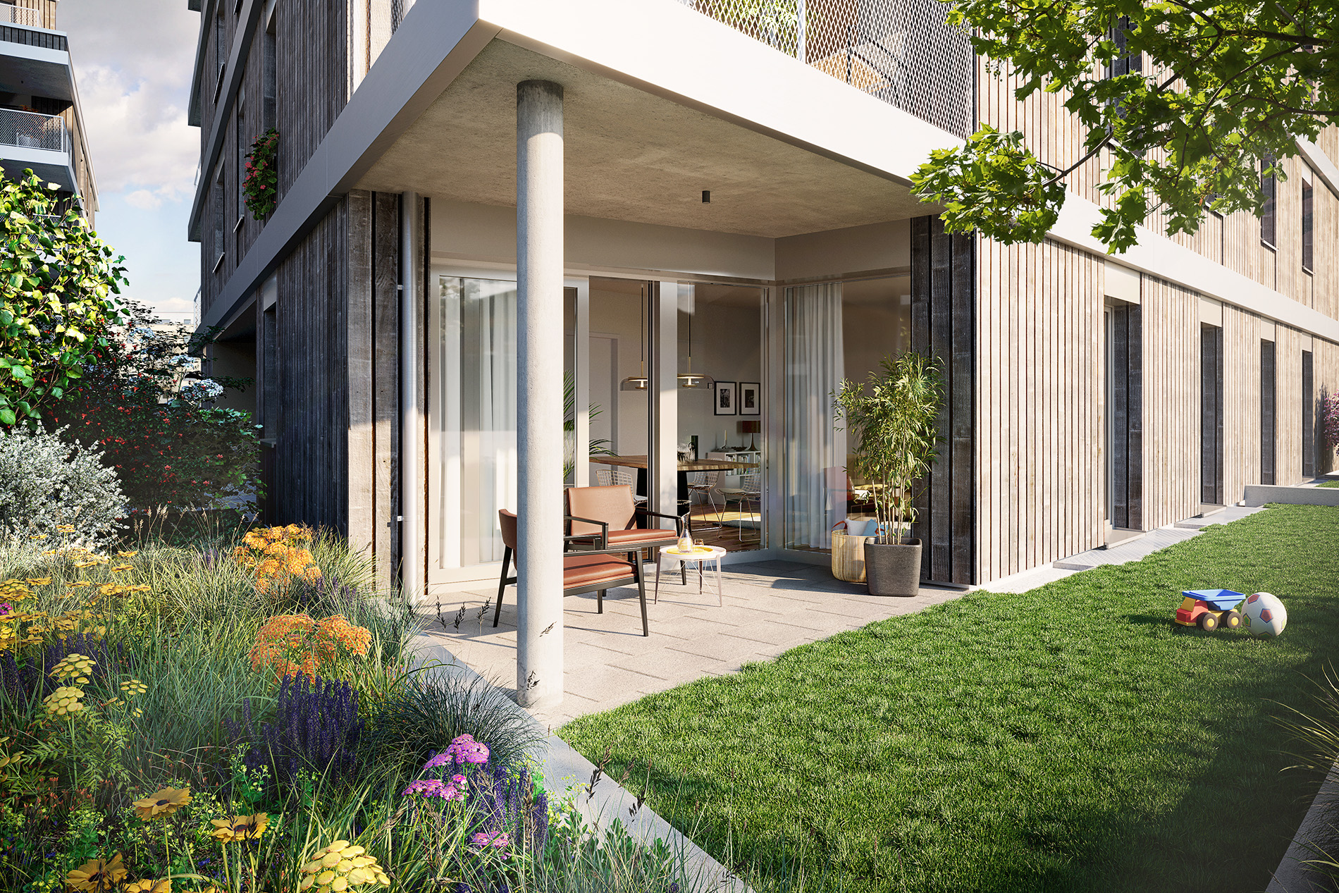 Visualisierung einer Gartenwohnung im Berliner BUWOG Neubauprojekt Weydenhof