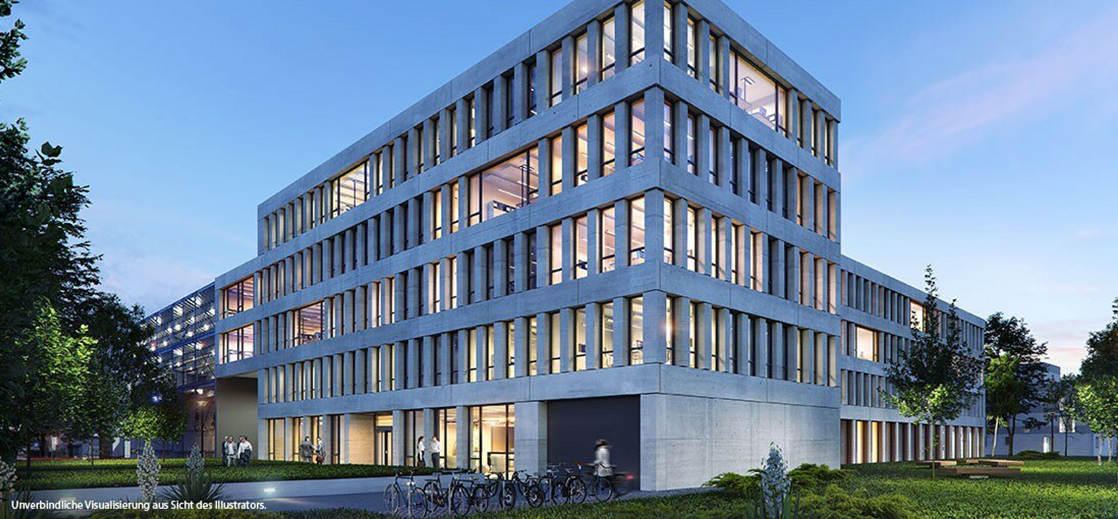 Zu sehen sind mehrere Gebäude in der Visualisierung des Quartiers Hofmark am Olympiapark am Abend mit Fahrradständern, Grünflächen und Bäumen.