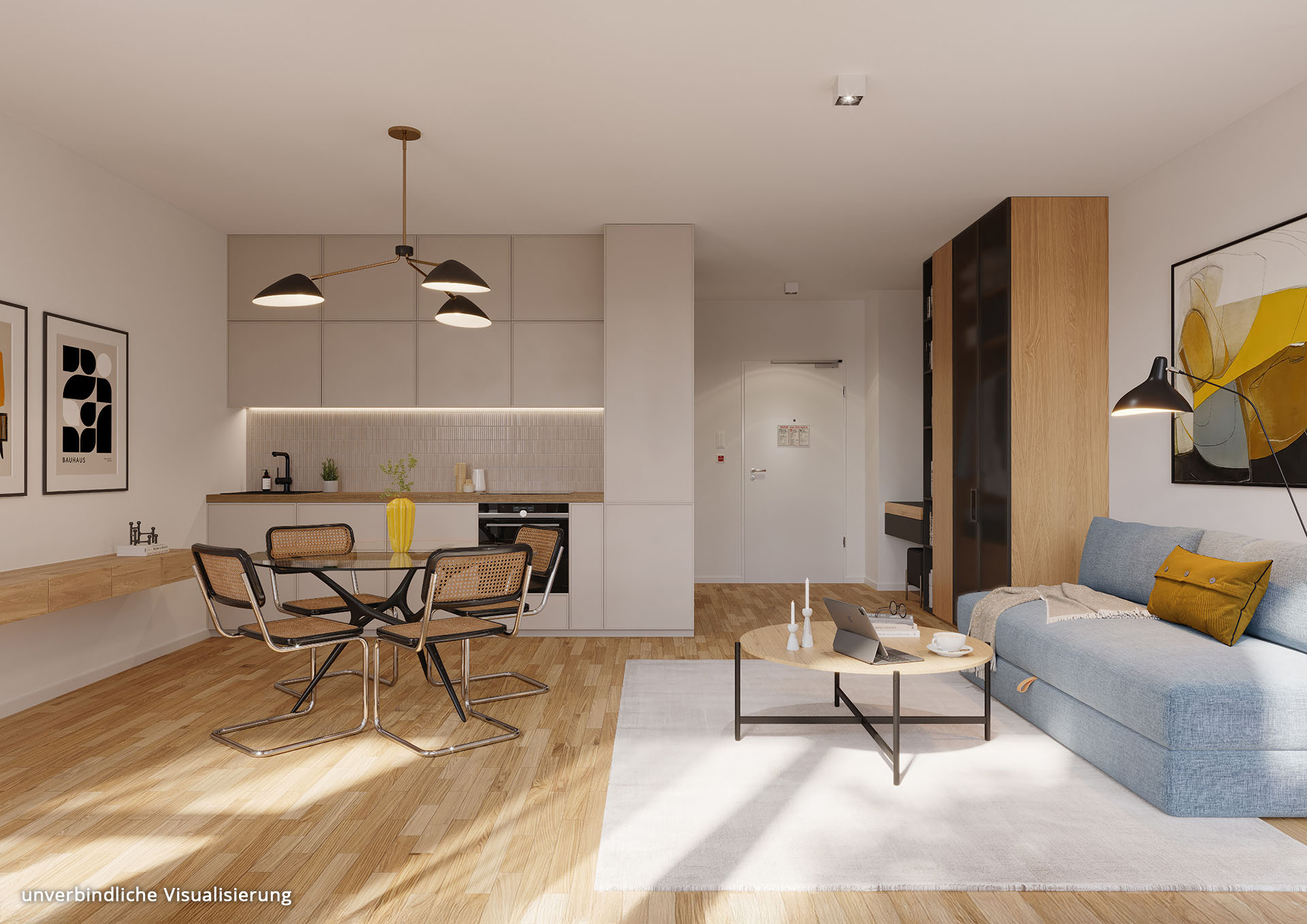 Visualisierung des BUWOG-Neubauprojekts Set44 in Berlin mit Blick auf den Wohn-Ess-Bereich