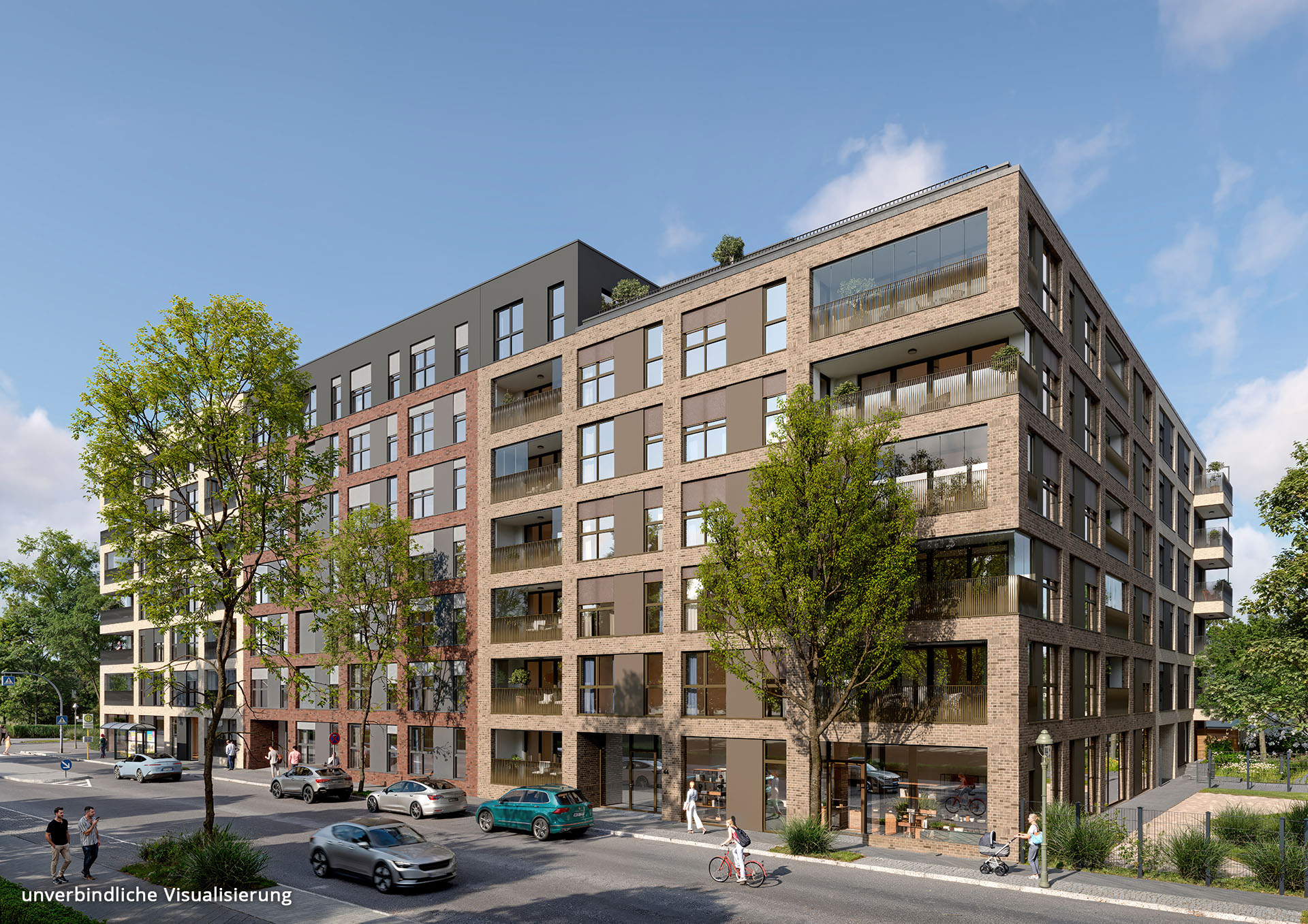 Visualisierung des Neubauprojekts Set44 in Berlin mit Blick von der Straße auf das Gebäude