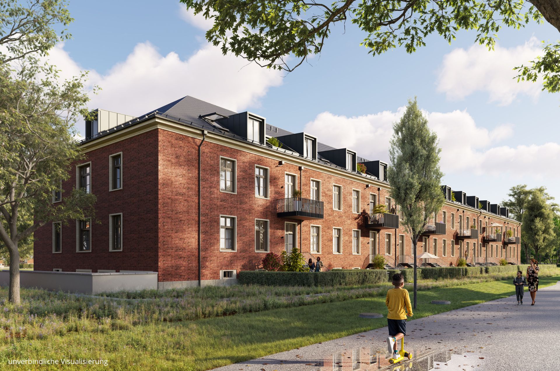 Zu sehen ist ein Innenhof mit Menschen und Begrünung. Im Hintergrund ist ein braunes Gebäude des Projekts BUWOG ALVA.