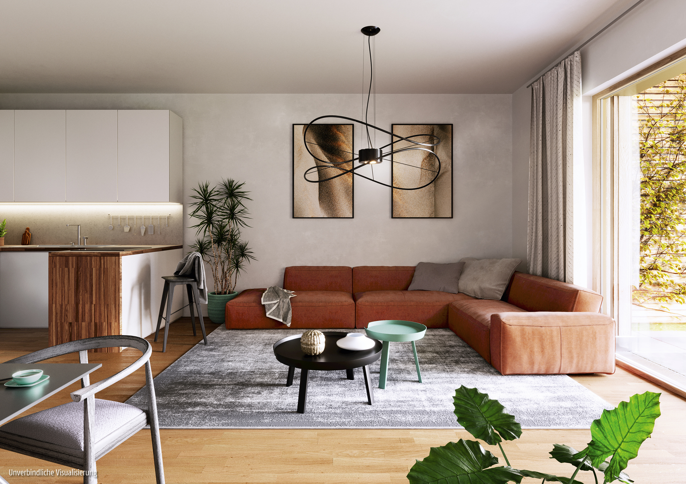 Visualisierung eines Wohnzimmers im Neubauprojekt BUWOG DECK3
