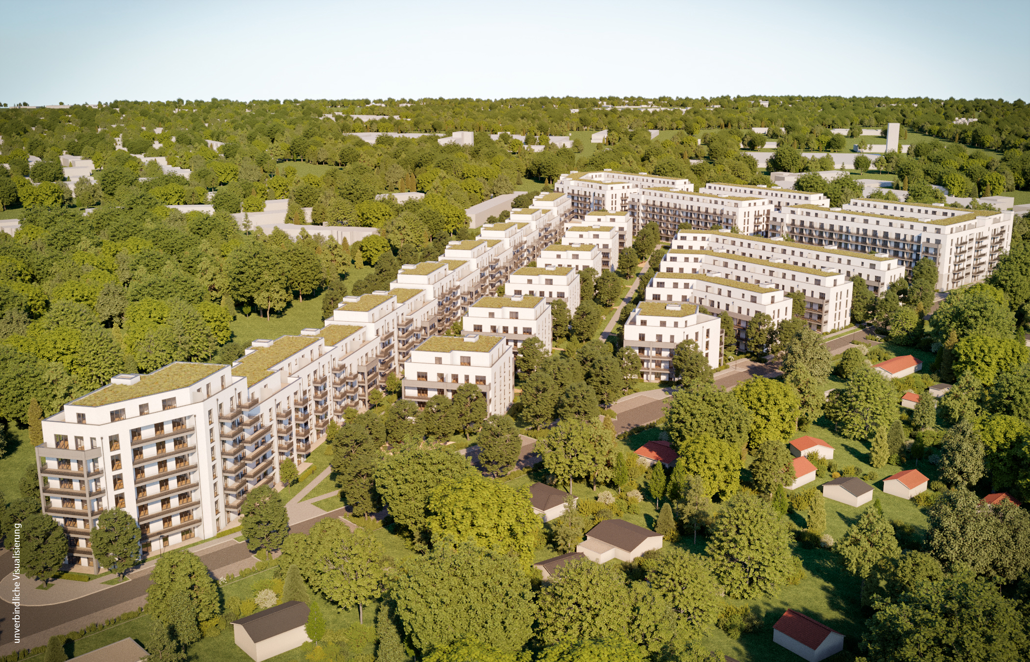 Visualisierung des Neubauquartiers Halske Sonnengärten aus der Vogelperspektive