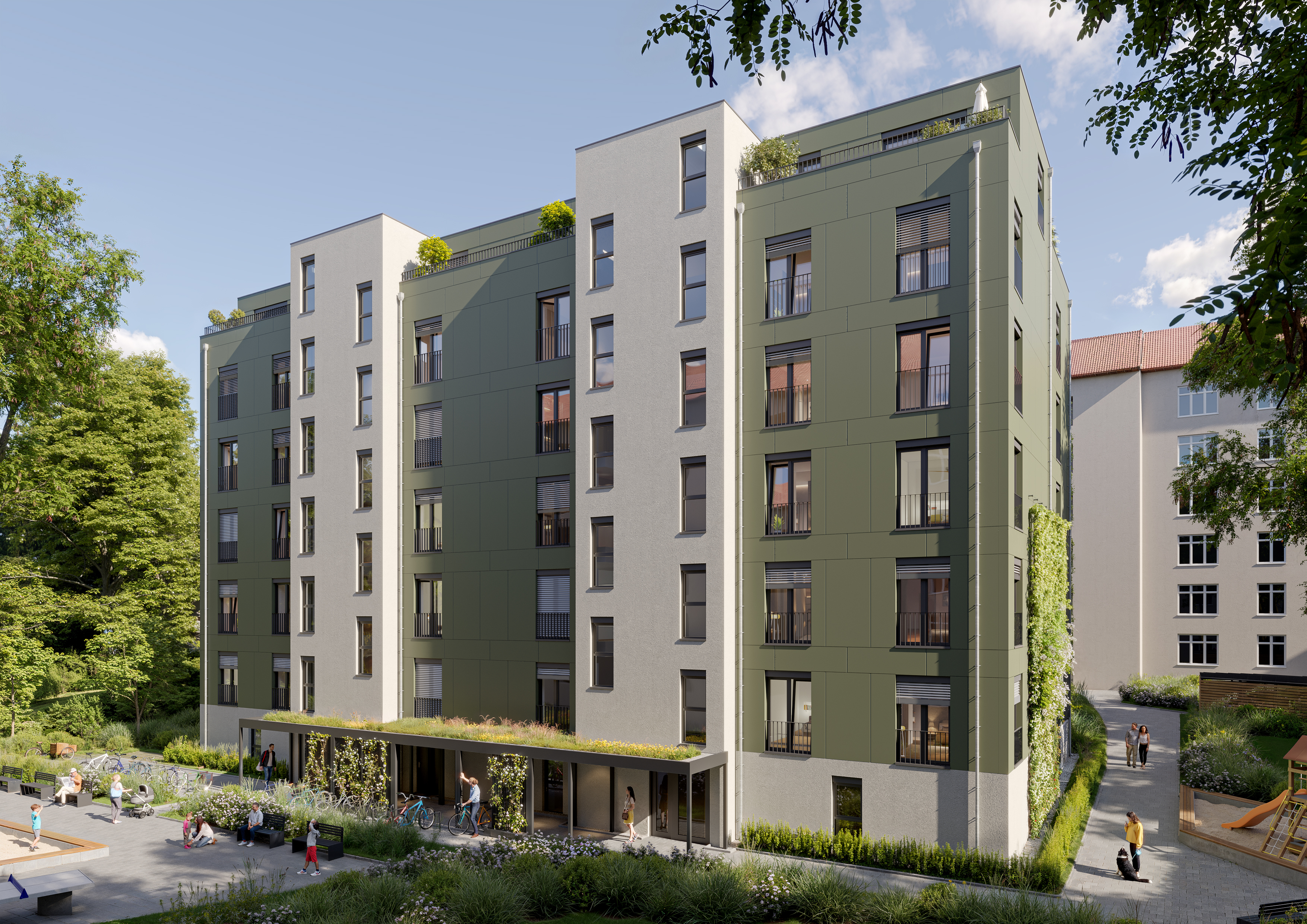 Zu sehen ist ein Gebäude zur Hofseite mit Hauseingängen und Personen vor den Eingängen und auf dem Hof.