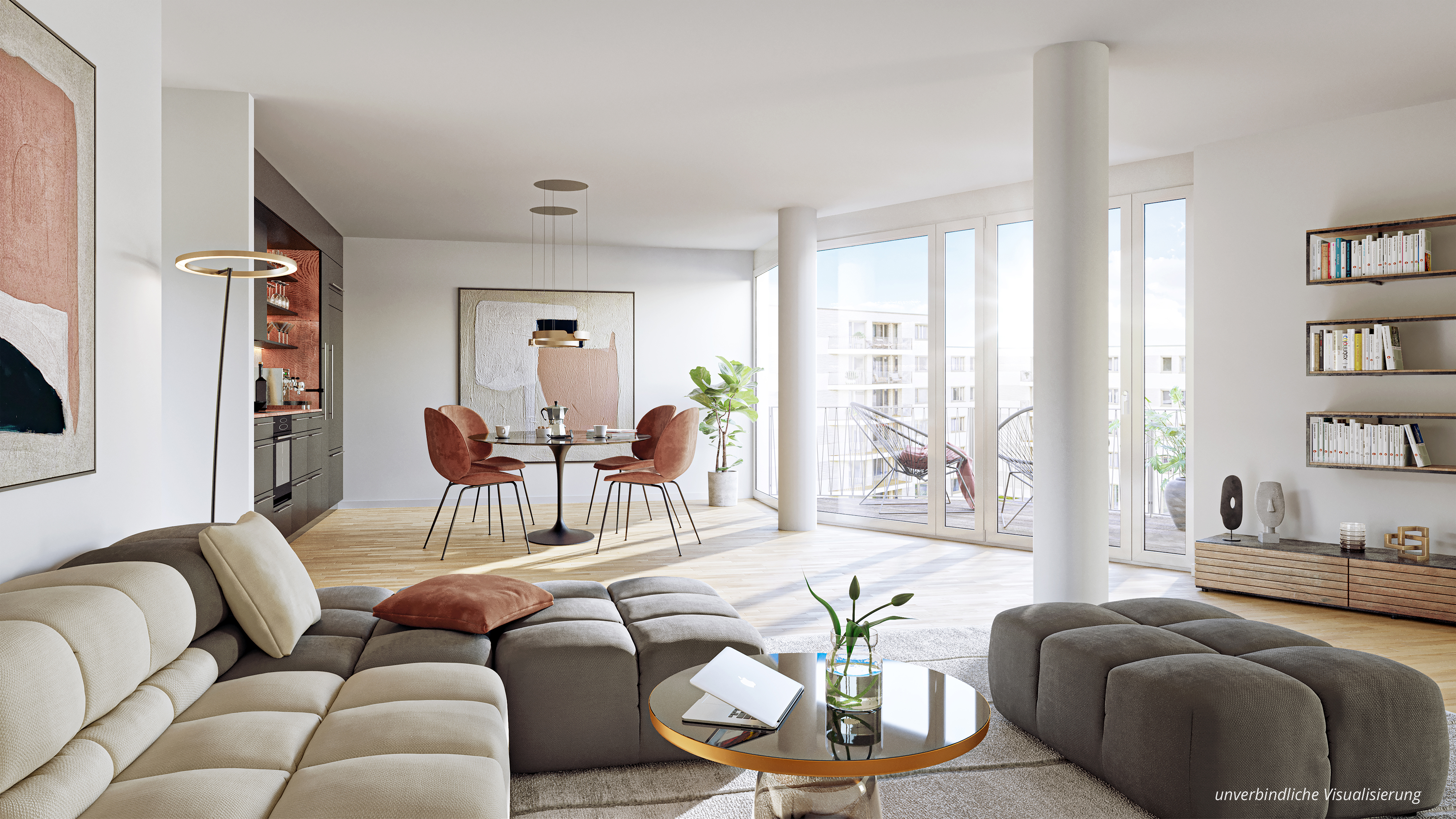 Visualisierung einer Wohnung im BUWOG Neubauprojekt Atrio in Leipzig vom großen Wohnzimmer mit Balkon