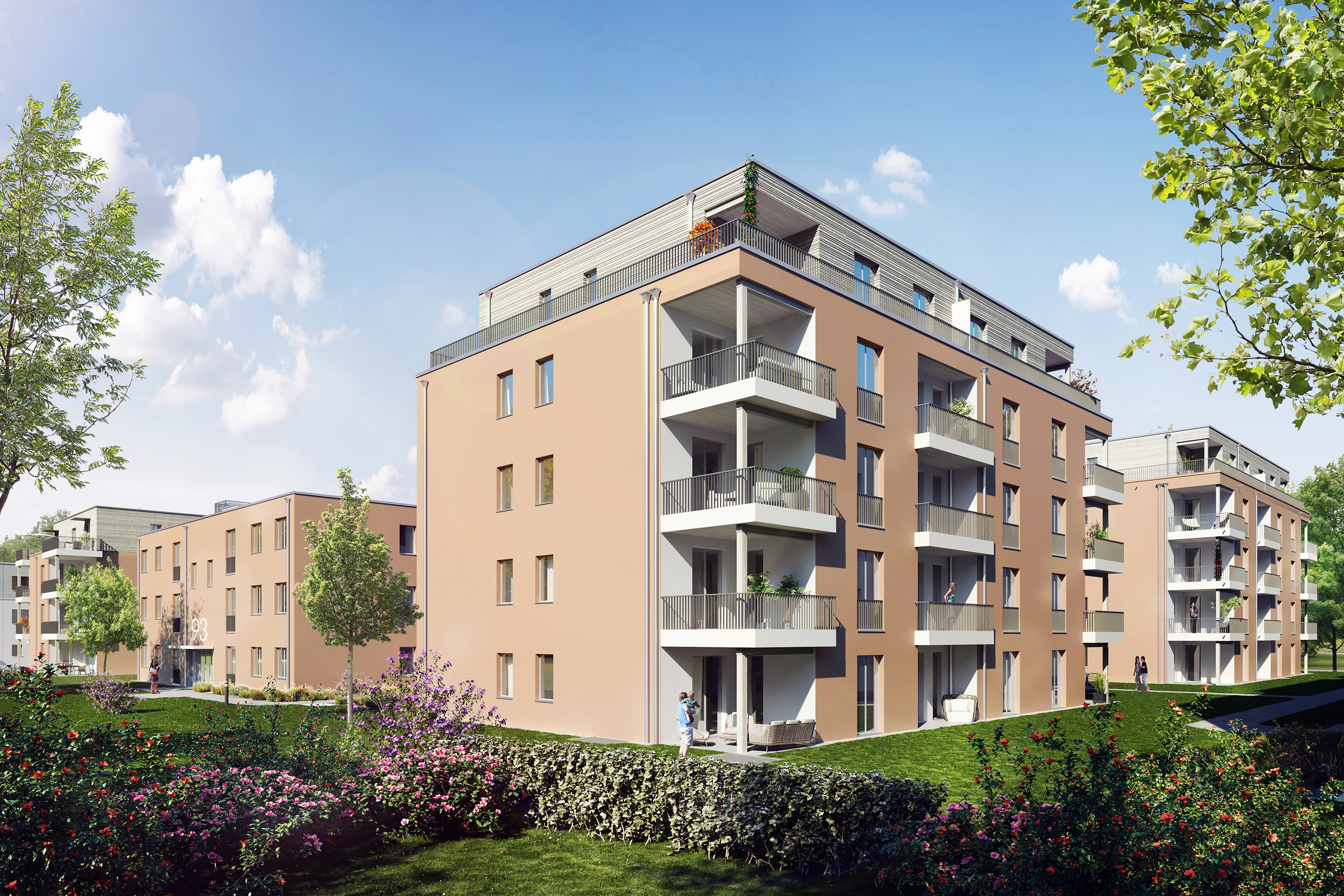 Holz-Hybrid-Quartier am Münsterberger Weg Visualisierung Seitenansicht Areal