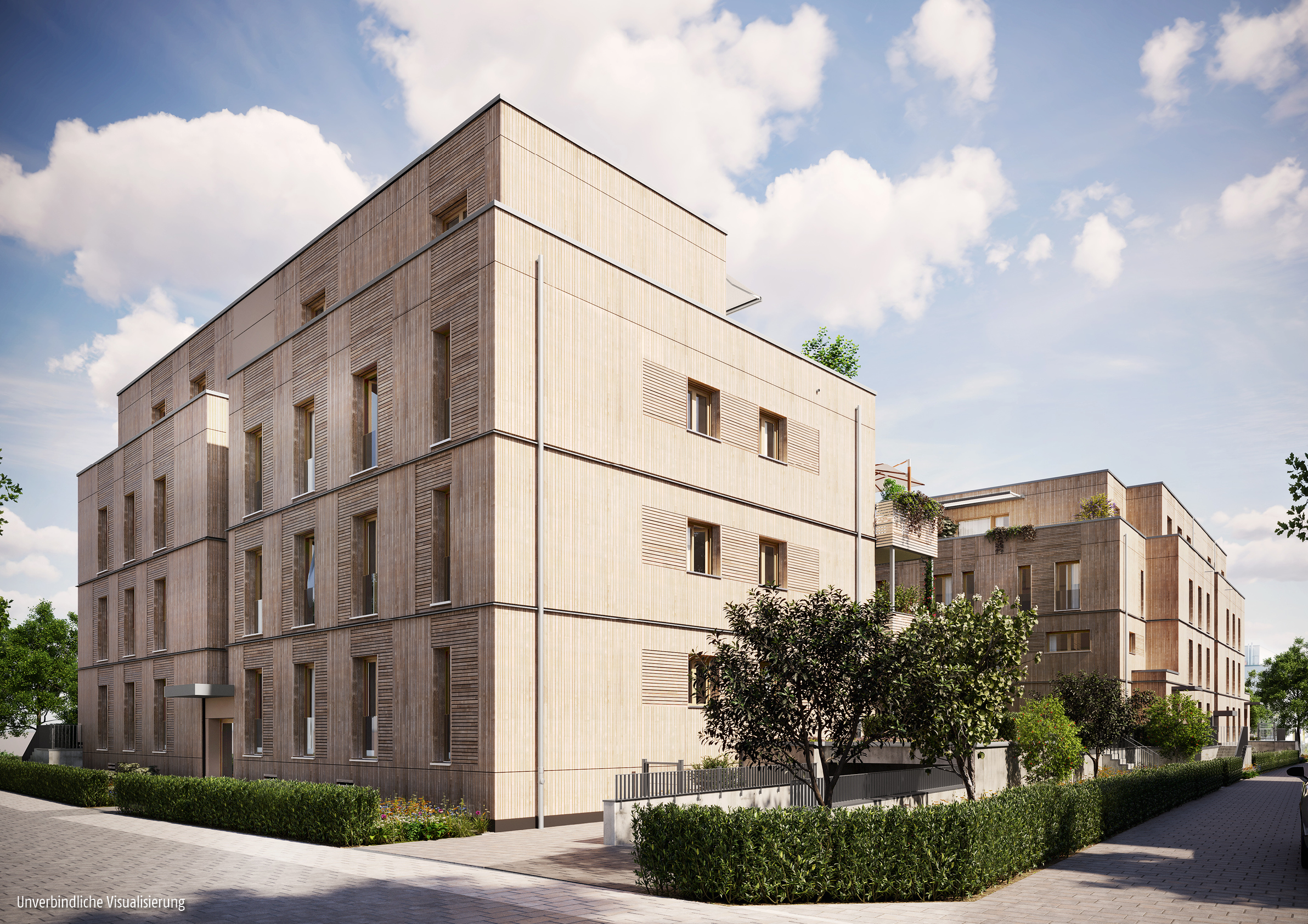 Visualisierung des Neubauprojekts BUWOG DECK3  mit Blick auf das Eckgebäude