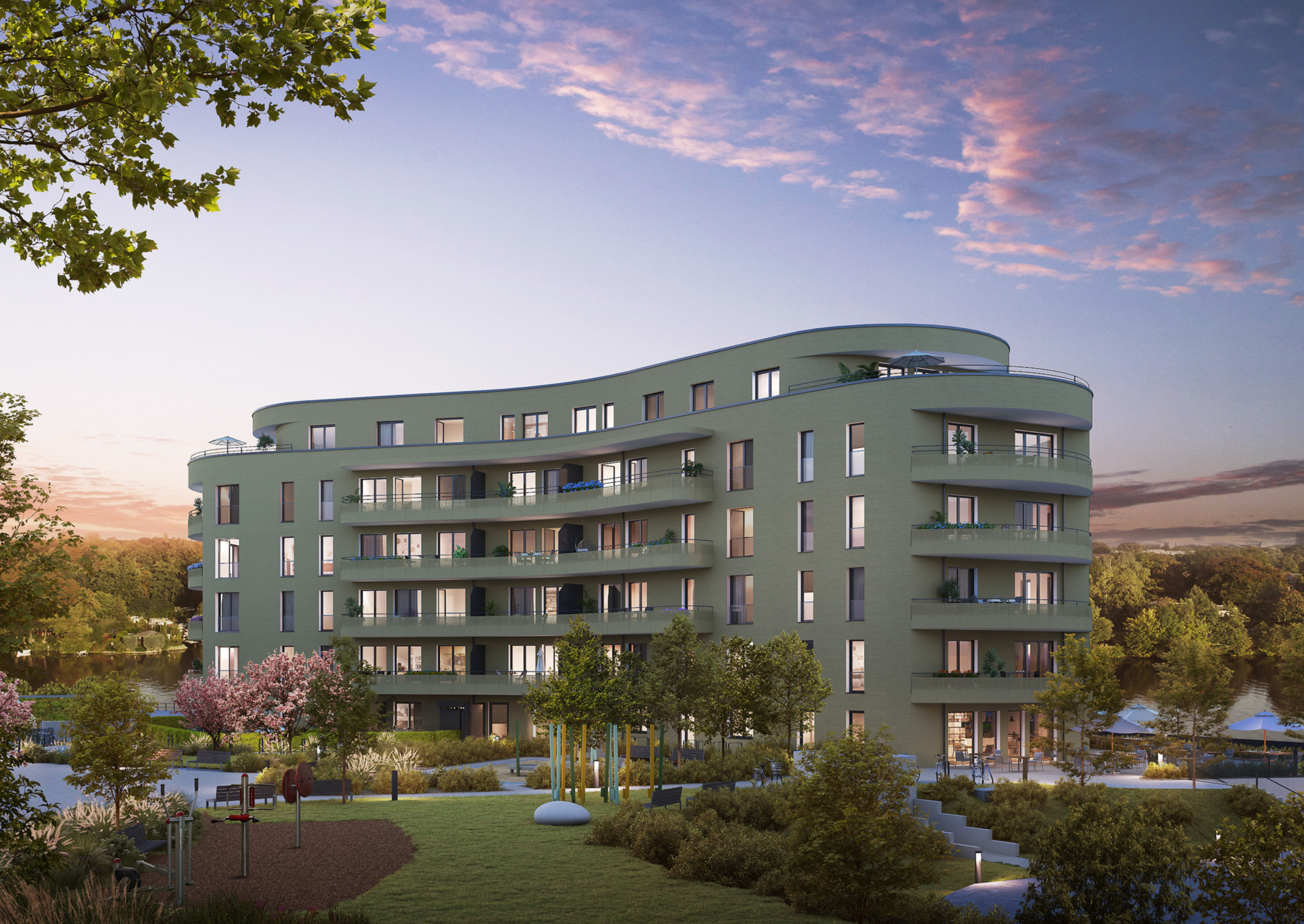 Visualisierung des Neubaus BUWOG Havelbogen mit Blick in den begrünten Innenhof