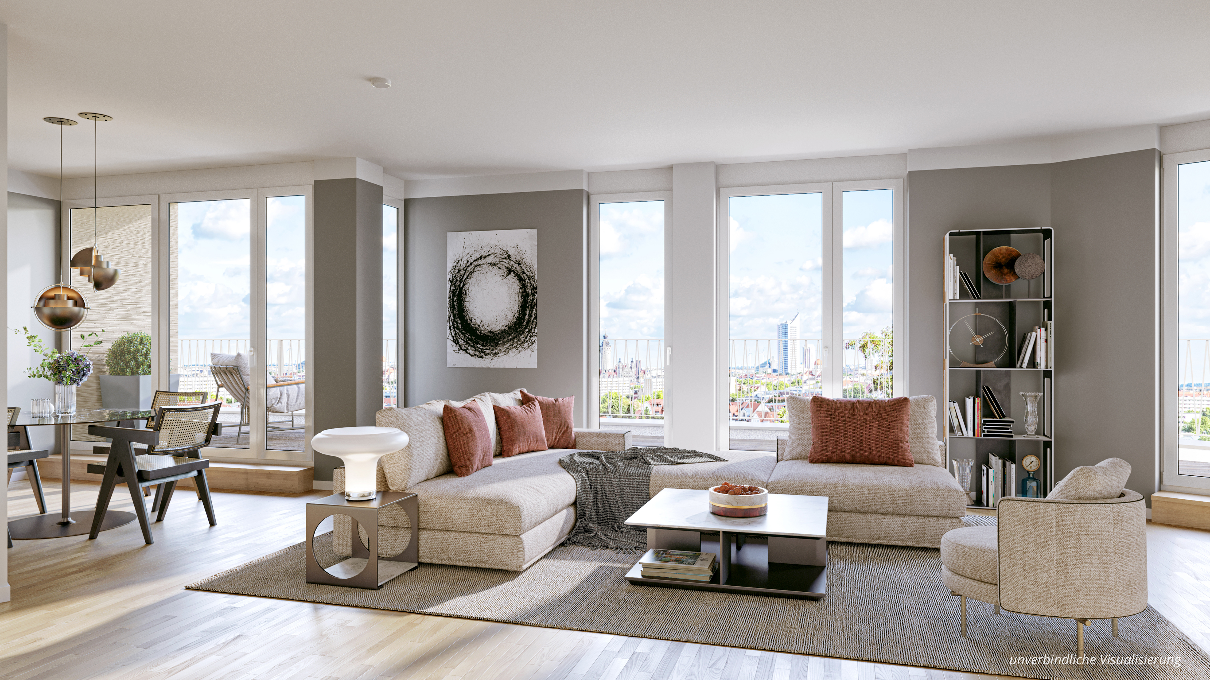 Visualisierung eines Penthouse im BUWOG Neubauprojekt Atrio in Leipzig vom Wohnzimmer und großem Balkon