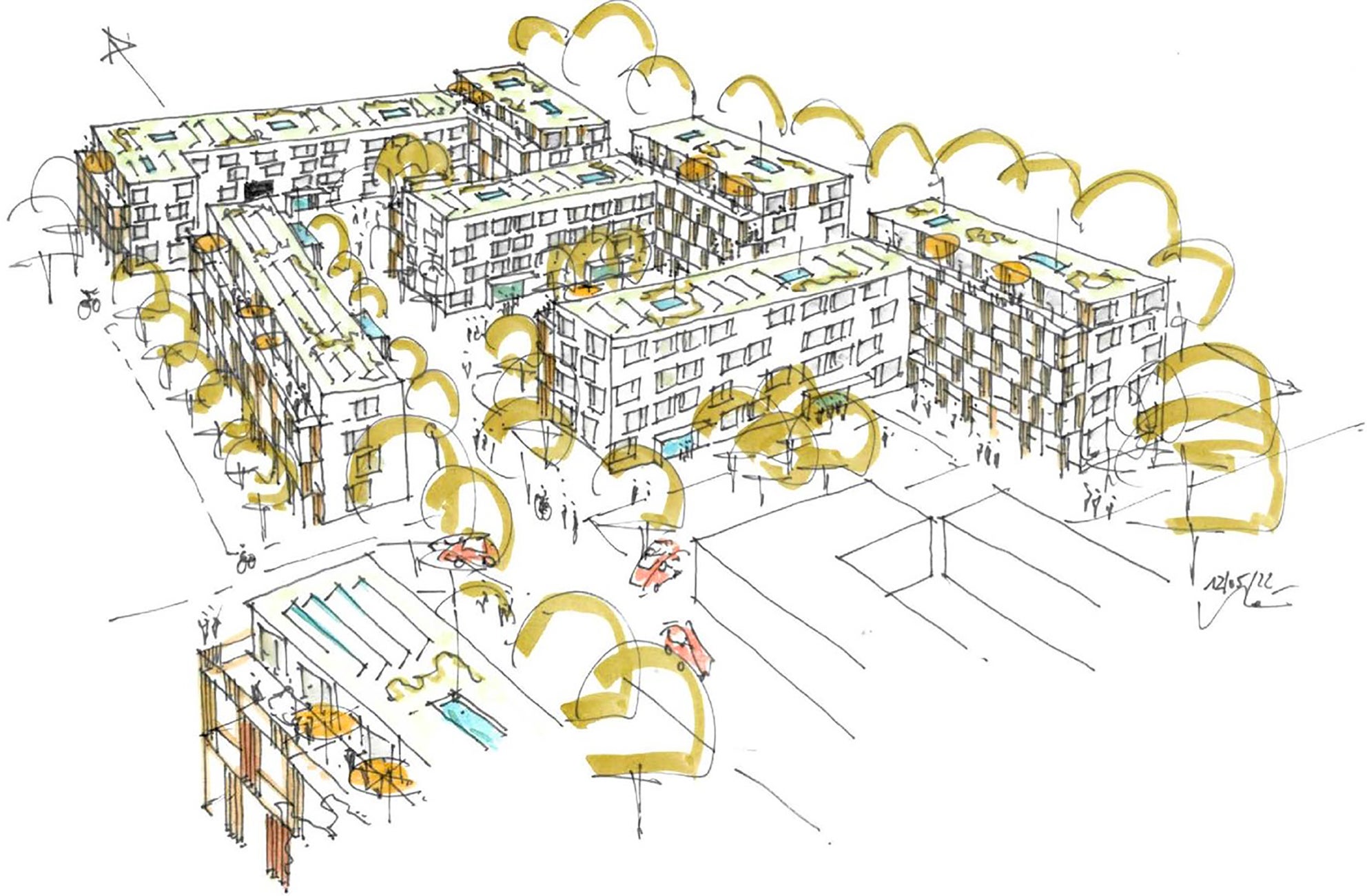 You can see a sketch of the quarter. Here, too, there are several houses and green spaces.