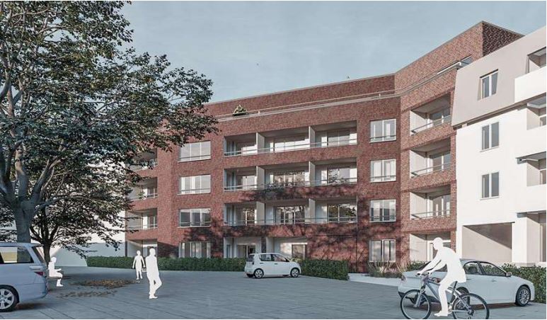 Zu sehen ist eine Visualisierung vom Projekt Friedrich-Ebert-Straße 8 in Pinneberg, wie das Neubauhaus einmal aussehen soll. Es wird eine braun-rote Fassade haben.