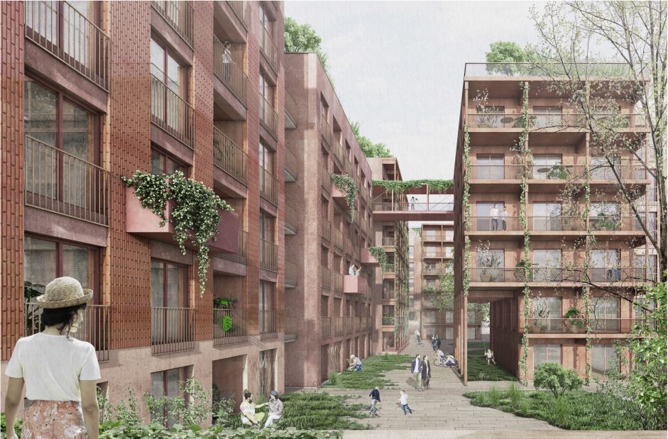 Visualisierung des Projekts in der Rümelinstraße in Stuttgart. Mit Blick vom Hof auf die Gebäude des Projekts.