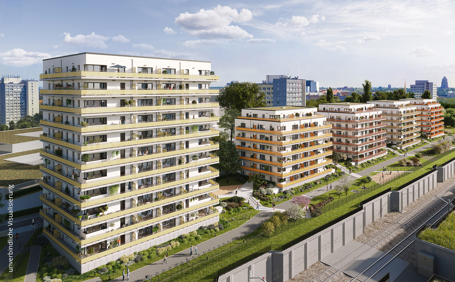 Visualisierung des BUWOG Neubauprojekts Am neuen Park in Leipzig bestehend aus mehreren Gebäuden
