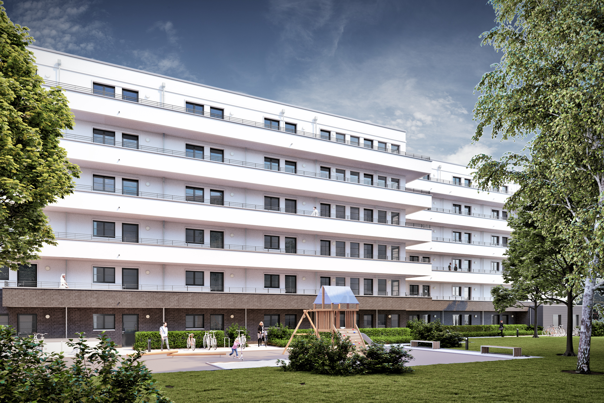 Visualisierung des Neubauprojekts Westfälische Straße mit Blick in den Innenhof mit Spielplatz